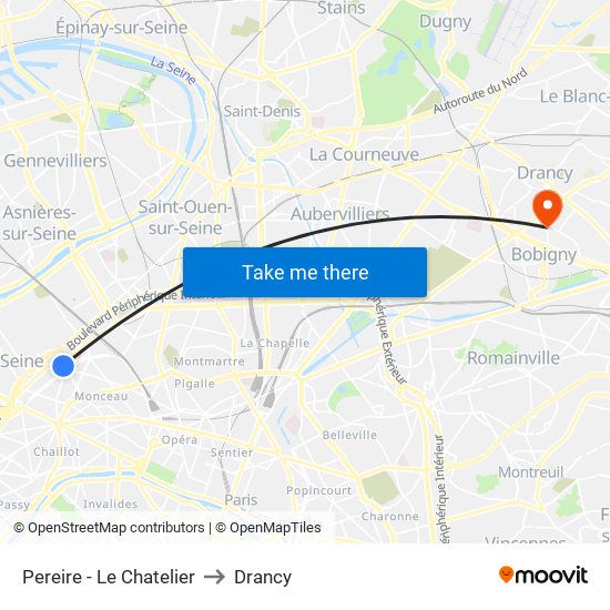 Pereire - Le Chatelier to Drancy map