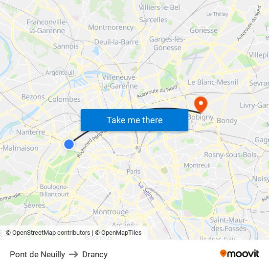 Pont de Neuilly to Drancy map