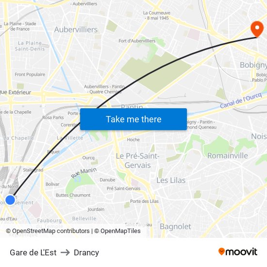 Gare de L'Est to Drancy map