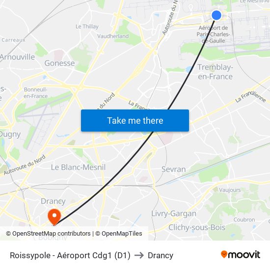 Roissypole - Aéroport Cdg1 (D1) to Drancy map