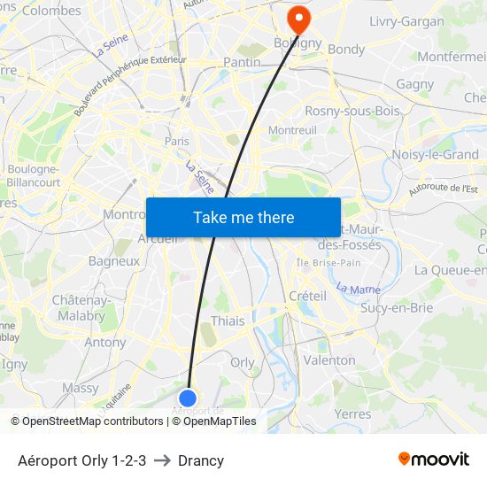 Aéroport Orly 1-2-3 to Drancy map