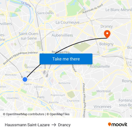 Haussmann Saint-Lazare to Drancy map