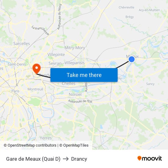Gare de Meaux (Quai D) to Drancy map