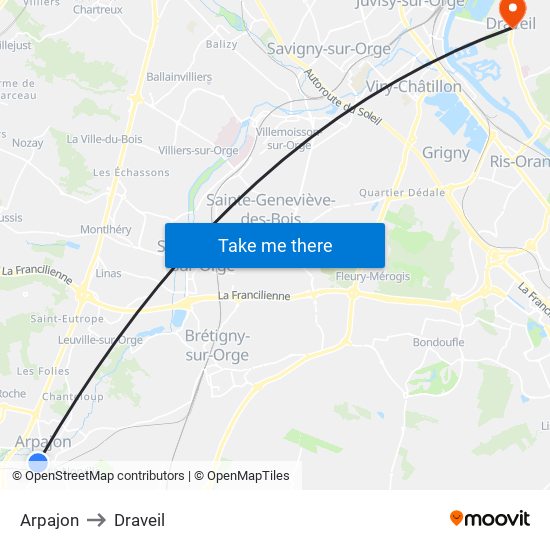 Arpajon to Draveil map