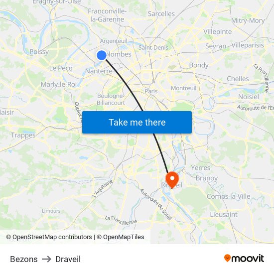 Bezons to Draveil map