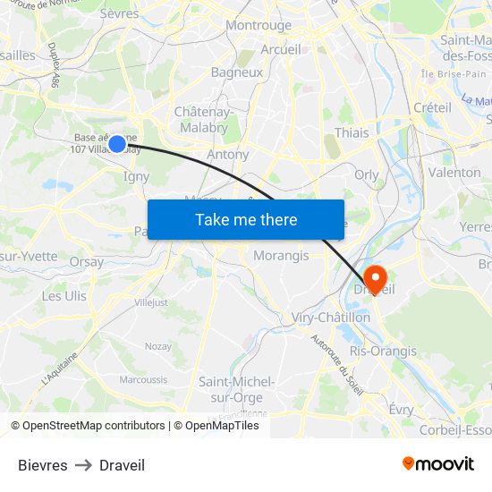 Bievres to Draveil map