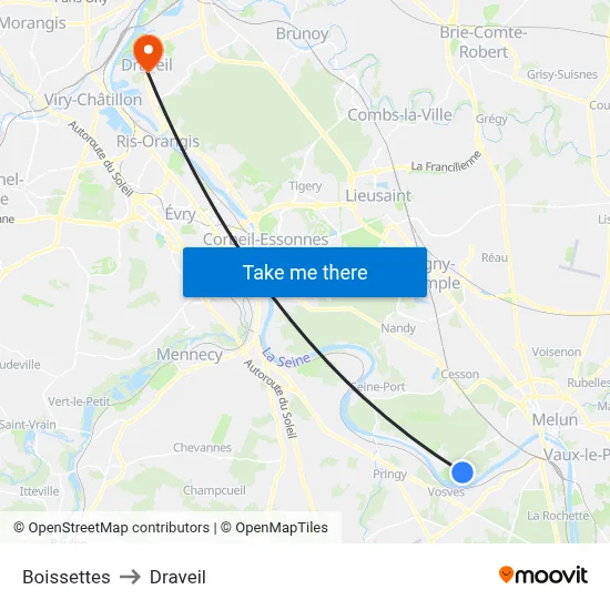 Boissettes to Draveil map