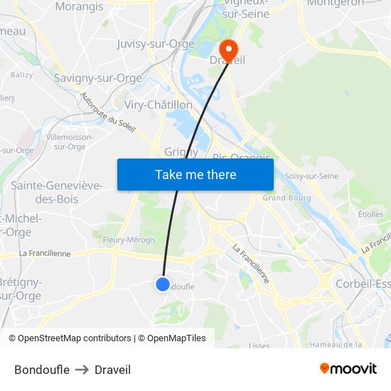 Bondoufle to Draveil map