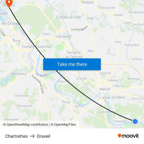 Chartrettes to Draveil map