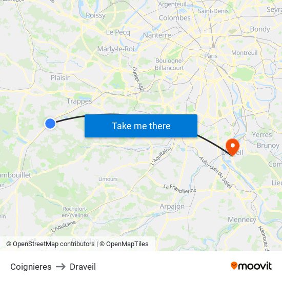 Coignieres to Draveil map