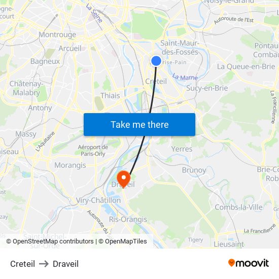 Creteil to Draveil map