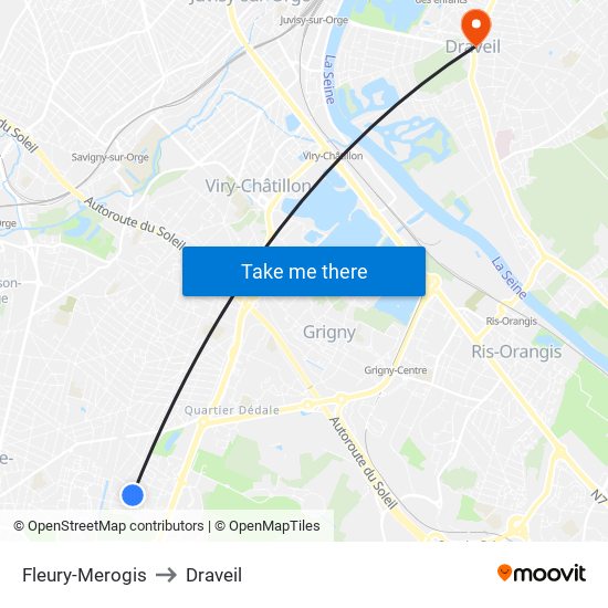 Fleury-Merogis to Draveil map
