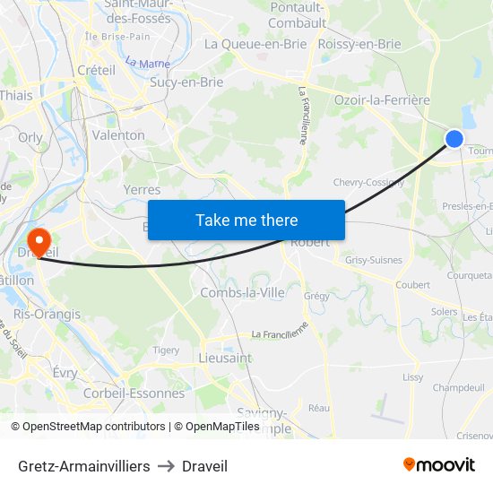 Gretz-Armainvilliers to Draveil map