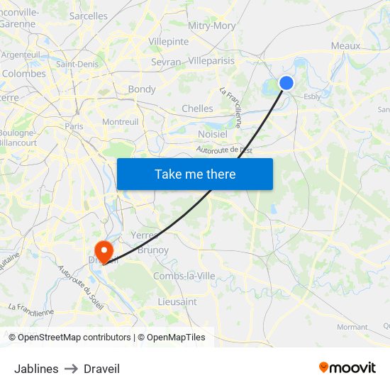 Jablines to Draveil map