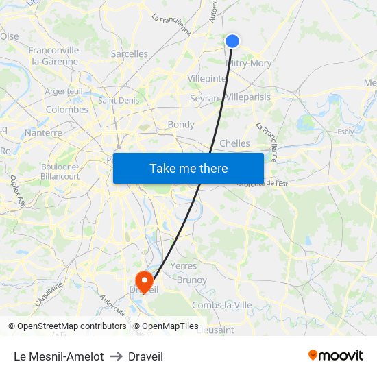 Le Mesnil-Amelot to Draveil map