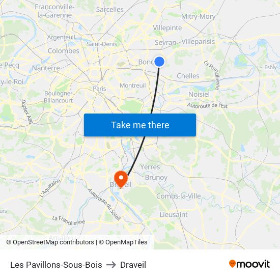 Les Pavillons-Sous-Bois to Draveil map