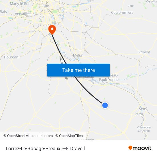 Lorrez-Le-Bocage-Preaux to Draveil map