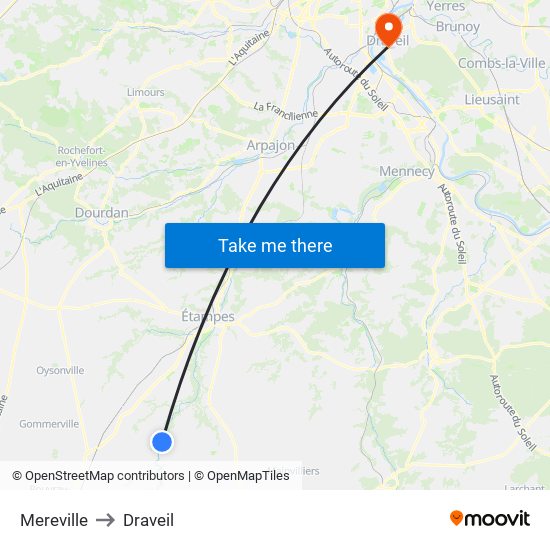 Mereville to Draveil map