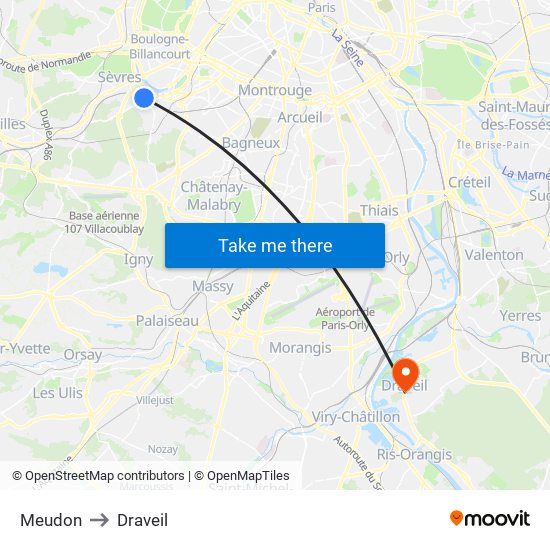 Meudon to Draveil map