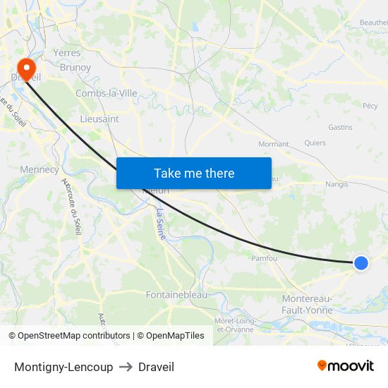 Montigny-Lencoup to Draveil map