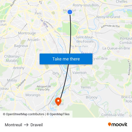 Montreuil to Draveil map