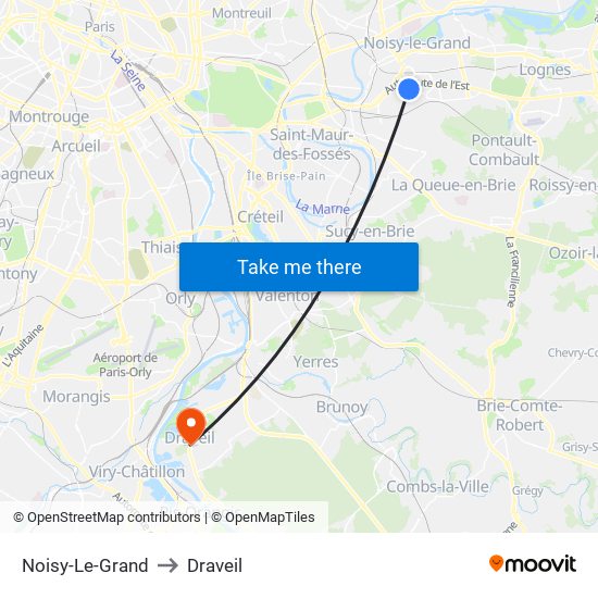 Noisy-Le-Grand to Draveil map