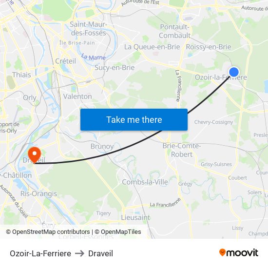 Ozoir-La-Ferriere to Draveil map
