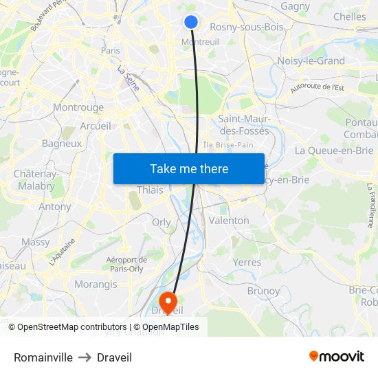 Romainville to Draveil map