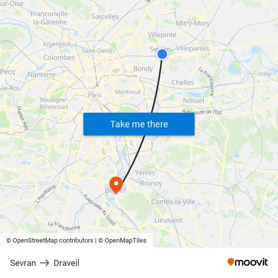 Sevran to Draveil map