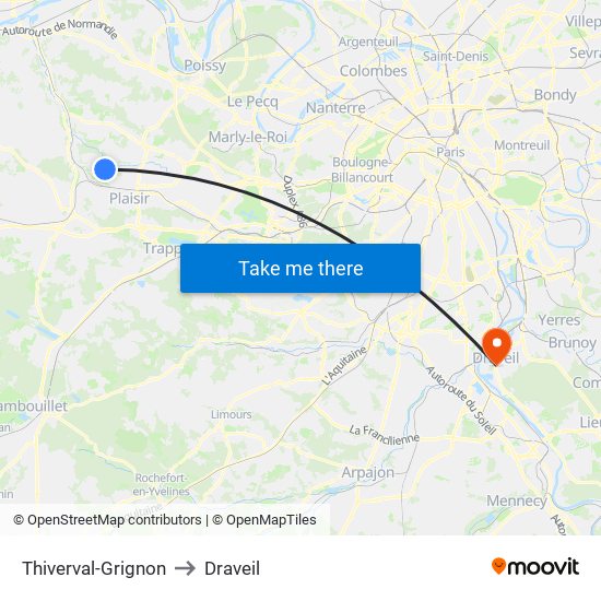 Thiverval-Grignon to Draveil map