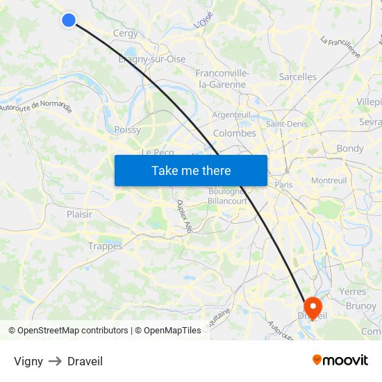 Vigny to Draveil map