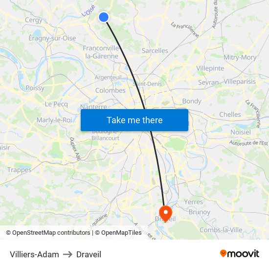 Villiers-Adam to Draveil map