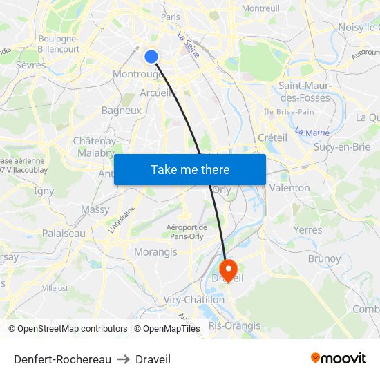 Denfert-Rochereau to Draveil map