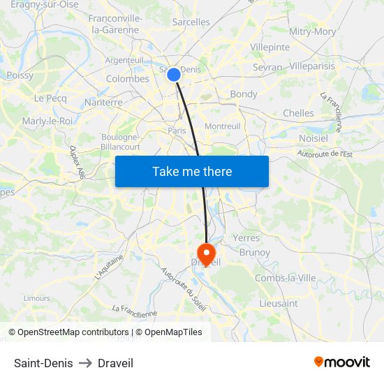 Saint-Denis to Draveil map
