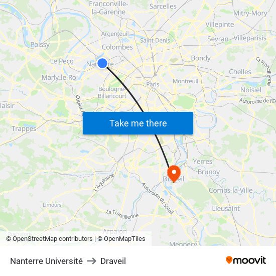 Nanterre Université to Draveil map