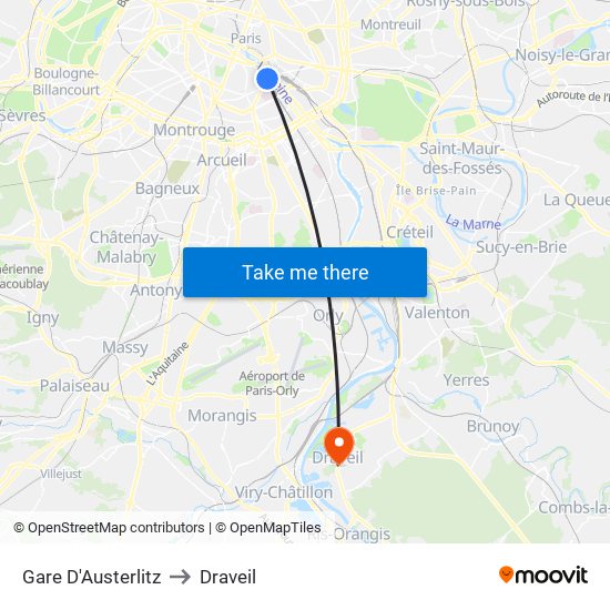 Gare D'Austerlitz to Draveil map