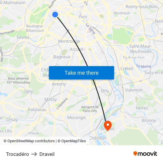 Trocadéro to Draveil map