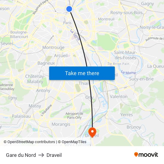 Gare du Nord to Draveil map