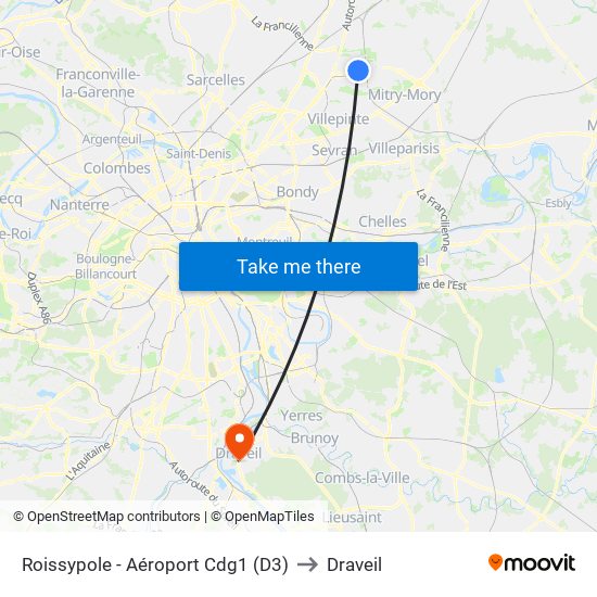 Roissypole - Aéroport Cdg1 (D3) to Draveil map