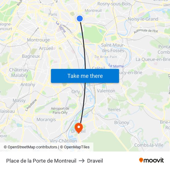 Place de la Porte de Montreuil to Draveil map