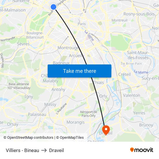 Villiers - Bineau to Draveil map