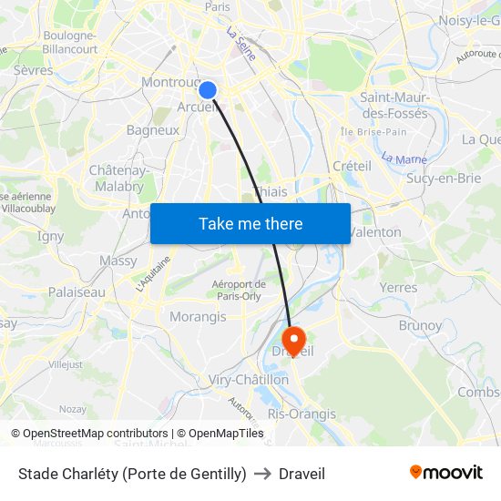 Stade Charléty (Porte de Gentilly) to Draveil map