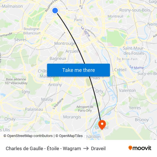 Charles de Gaulle - Étoile - Wagram to Draveil map