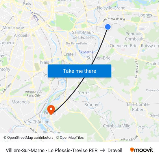 Villiers-Sur-Marne - Le Plessis-Trévise RER to Draveil map