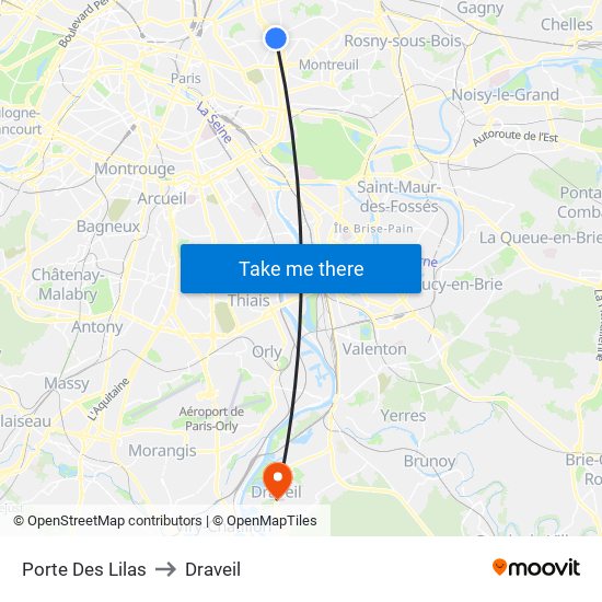 Porte Des Lilas to Draveil map
