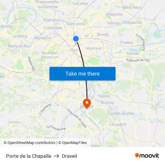 Porte de la Chapelle to Draveil map