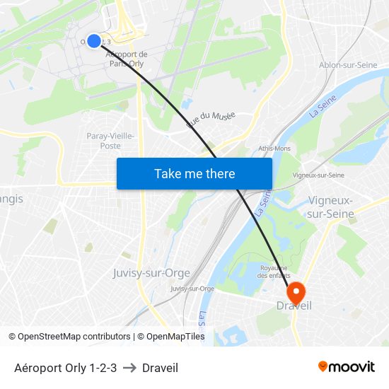 Aéroport Orly 1-2-3 to Draveil map