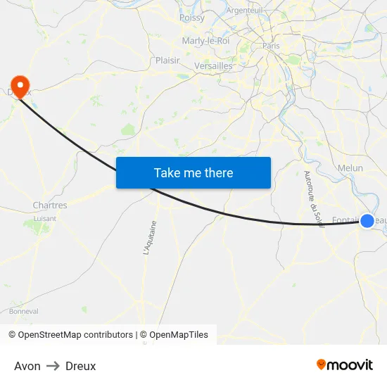 Avon to Dreux map