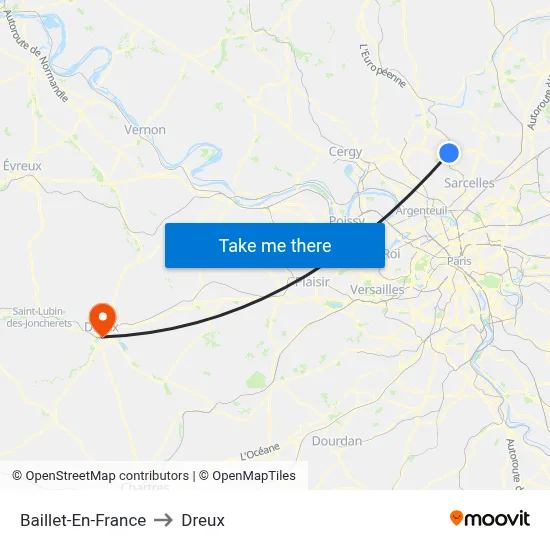 Baillet-En-France to Dreux map