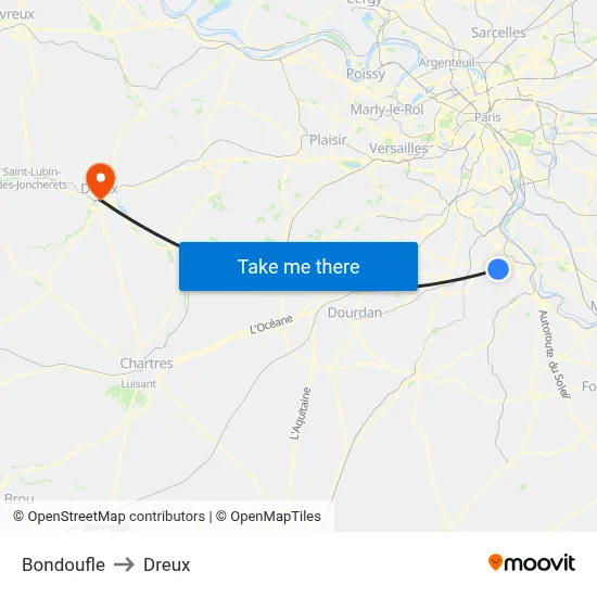 Bondoufle to Dreux map